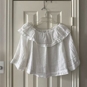 ZARA 100% Linen White Off-Shoulder Ruffle Lace Cropped Bell Sleeve Top Women XS
